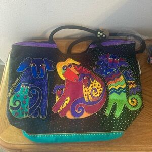 NWT LAUREL BURCH Colorful Hand PaintedDogs with Matching Wooden Dog Tote…
